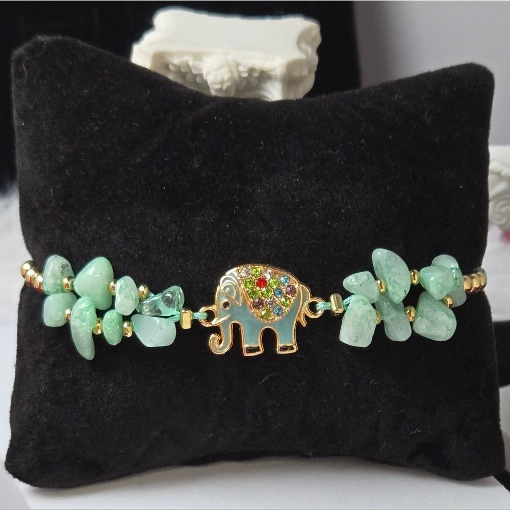 Green Aventurine Crystal Beaded Elephant Bracelet Adjustable String Enamel Charm